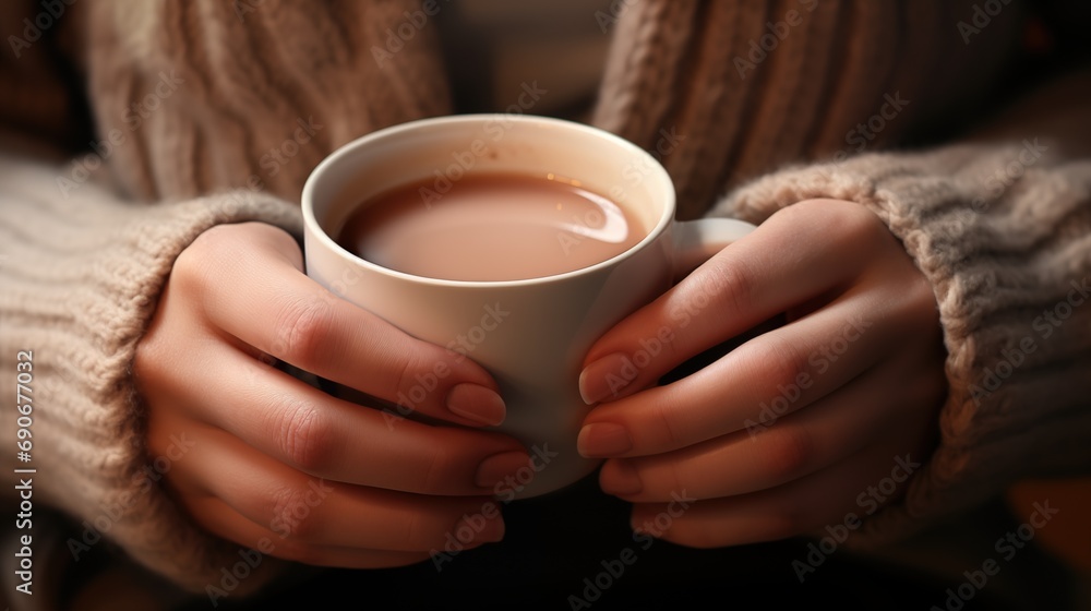 Woman's hands in sweater holding cup of hot drink coffee indoors, Young woman holding white cup of coffee, generative ai Woman's hands in sweater holding cup of hot drink coffee indoors, Young woman holding white cup of coffee, generative ai