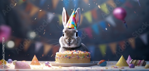 A delighted bunny perched on a party hat, commemorating a birthday festivity.
