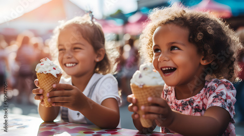 Kids enjoying ice cream at a colorful outdoor summer festival.