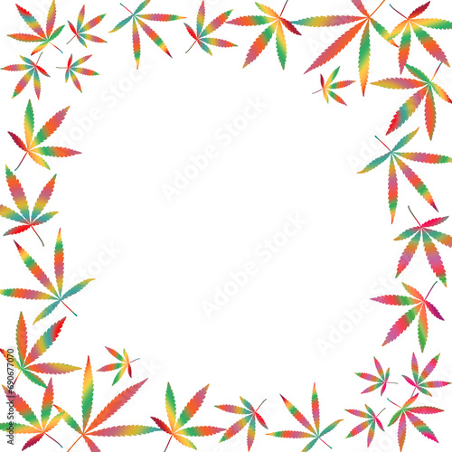 Square frame of multicolored cannabis leaves. White background, copy space.