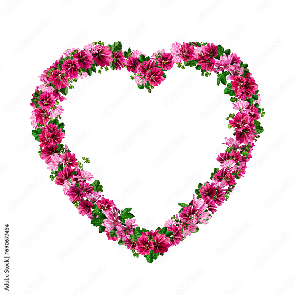 Festive floral frame in the form of a heart made of pink Common mallow flowers. Valentine's Day background for postcards, stickers, prints, invitations.