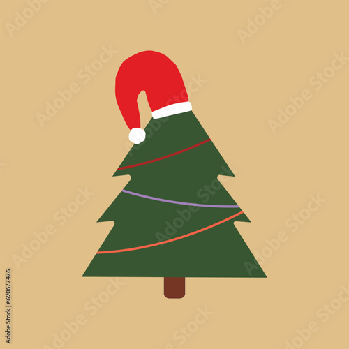 X-mas tree with red hat. Symbol of New Year. Christmas time card.