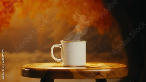Hot coffee mug in the morning. Delicious drink to start the day. Steaming hot beverage. photo