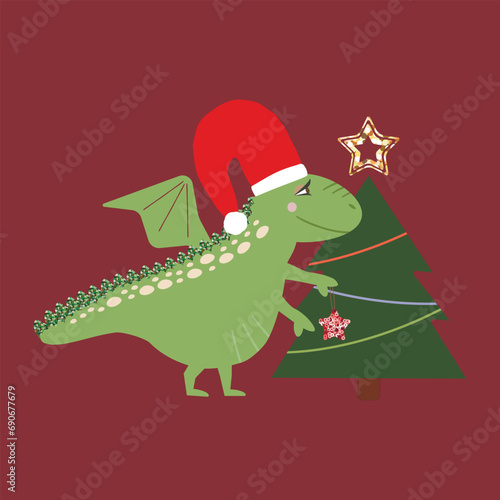 Symbol of New Year 2024. Cute dragon and x-mas tree. Zodiac cartoon character. Funny dragon with x-mas tree. Sequin elements. Cute illustration for the poster, card, print, textile.