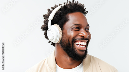 Handsome bearded black man wearing headphones, listening to music isolated on white background. Banner design. Listening to music. 