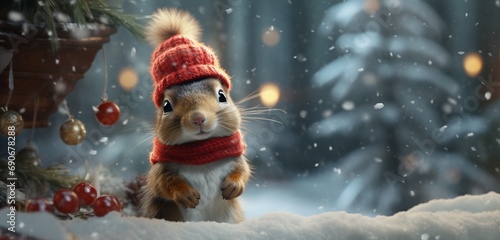 A delightful squirrel, adorned in a fluffy winter coat and a vibrant red stocking cap, gracefully balances on a snow-covered rock, 