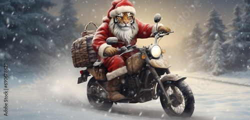A delightful winter scene featuring a tiger on a scooter, its hat hilariously larger, maneuvering through a snowy landscape, wrapped in a snug winter coat and a festive red stocking cap © Ullah