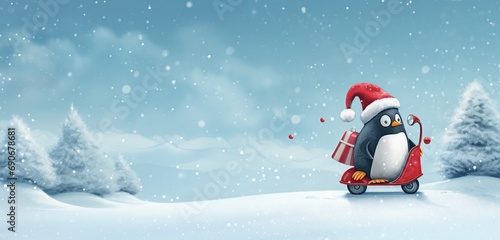 A delightful winter scene featuring a penguin on a scooter, its hat hilariously larger, maneuvering through a snowy landscape, wrapped in a snug winter coat and a festive red stocking cap.