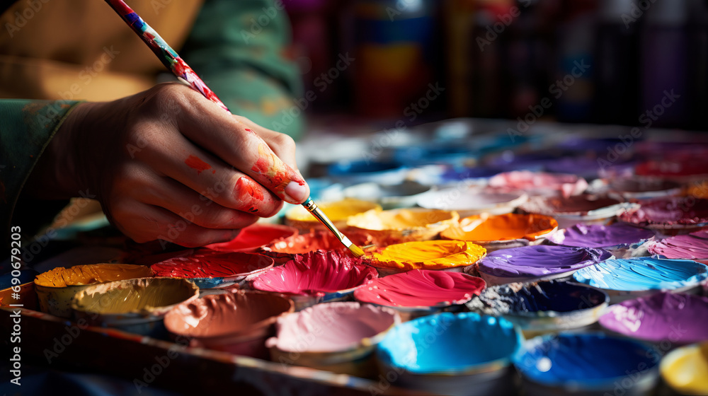 Painter hand dips paintbrush in vibrant paint to drawing on canvas, around colorful containers of paint, scene imparts sense of artistic process and blend of colors and ideas, colorful palette - obrazy, fototapety, plakaty 