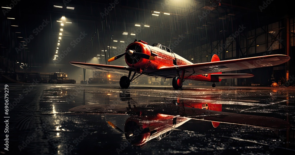 samolot śmigłowy czerwony hangar lotnisko - obrazy, fototapety, plakaty 