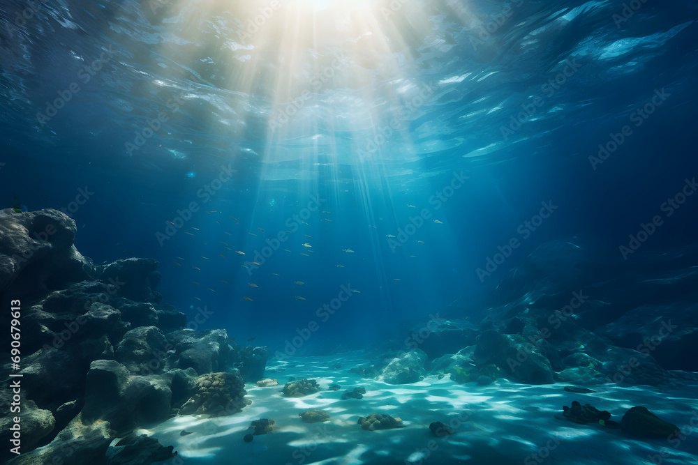 underwater scene, in the style of photo-realistic landscapes, high detailed, sunrays shine upon it, dark turquoise and light white - obrazy, fototapety, plakaty 