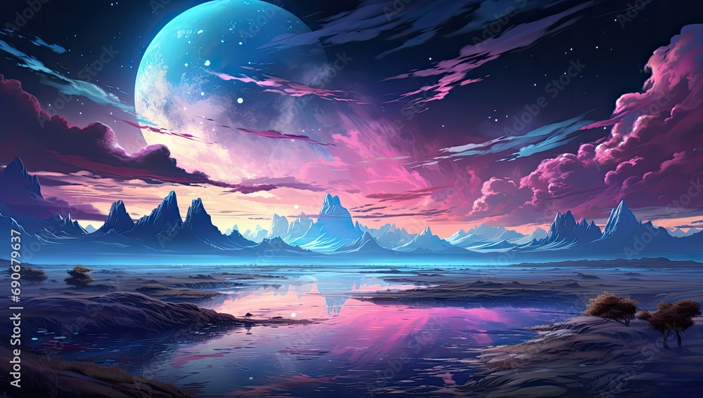 widok kolorowego nieba z planetami i księżycem w błękitno fioletowe barwy - obrazy, fototapety, plakaty 