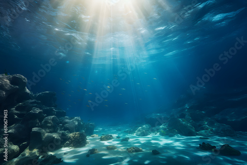 underwater scene, in the style of photo-realistic landscapes, high detailed, sunrays shine upon it, dark turquoise and light white © Franziska