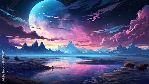 widok kolorowego nieba z planetami i ksi    ycem w b    kitno fioletowe barwy