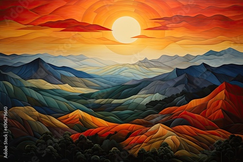 widok wschodzącego słońca na tle górskich szczytów w formie sztuki komputerowej