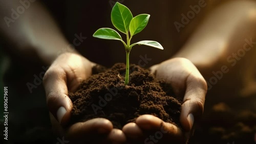 Man hold green new plant in his hands. In palms of farmer, sprout in fertile land. Agriculture concept. Gardener on plantation plants sprouts into soil. Agriculture, Grow food. Caring for environment.