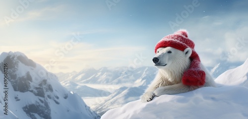A fluffy polar bear, dressed in a snazzy winter coat and a cheerful red stocking cap, enjoys a serene moment on a snow-covered rock, photo