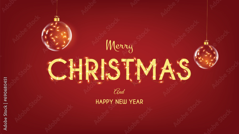 Merry Christmas lettering with hanging lighting retro bulbs, Photorealistic vector design