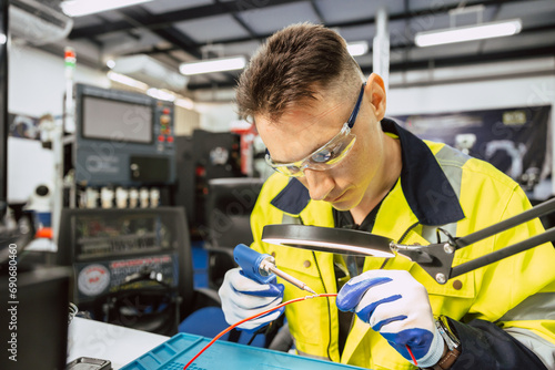 Quadro em tela Electrician technician caucasian male using hot soldering iron to electrical bond electricity wire fix repair power line cable with solder tin and lead