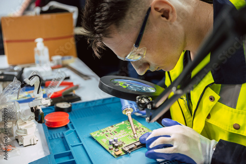 Electrician technician using hot soldering iron to fix repair small electrical digital computer circuit board fix repair with solder tin and lead