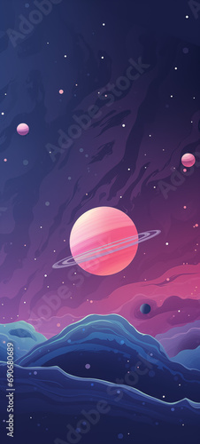 Design a cosmic-inspired wallpaper using minimal elements, incorporating stars, planets, and cosmic shapes for an otherworldly feel, vector, minimalist, procreate art, illustration, unreal engine 5 photo