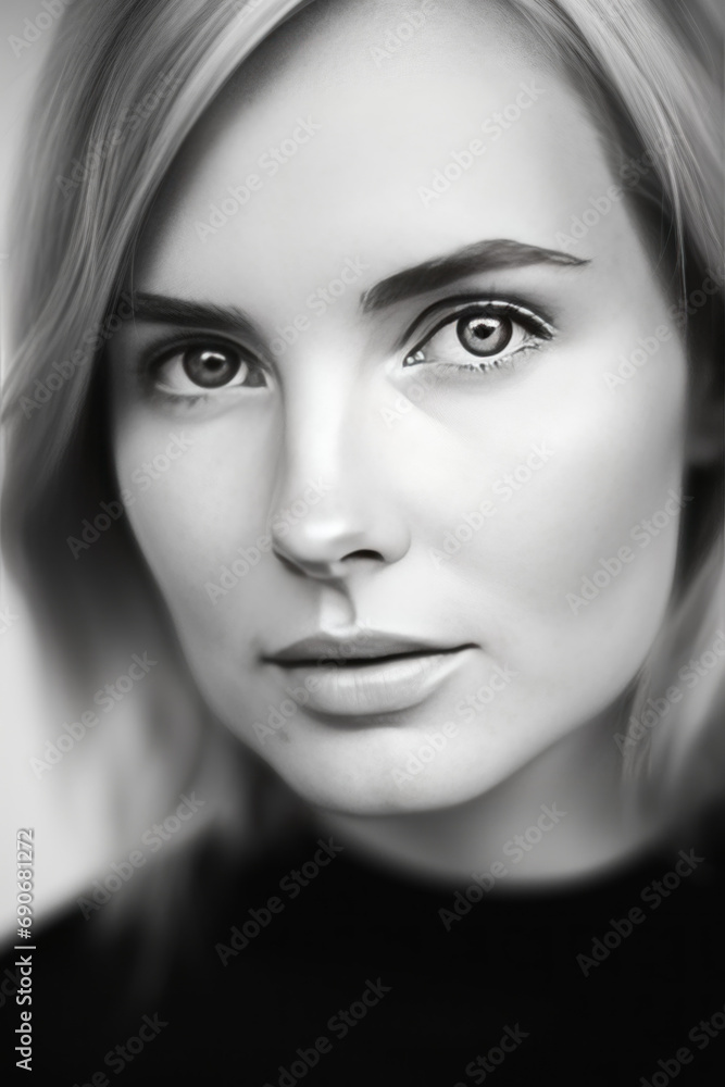 Fototapeta premium portrait noir et blanc d'une jeune femme blonde aux cheveux court et lisse, regard aux yeux clair