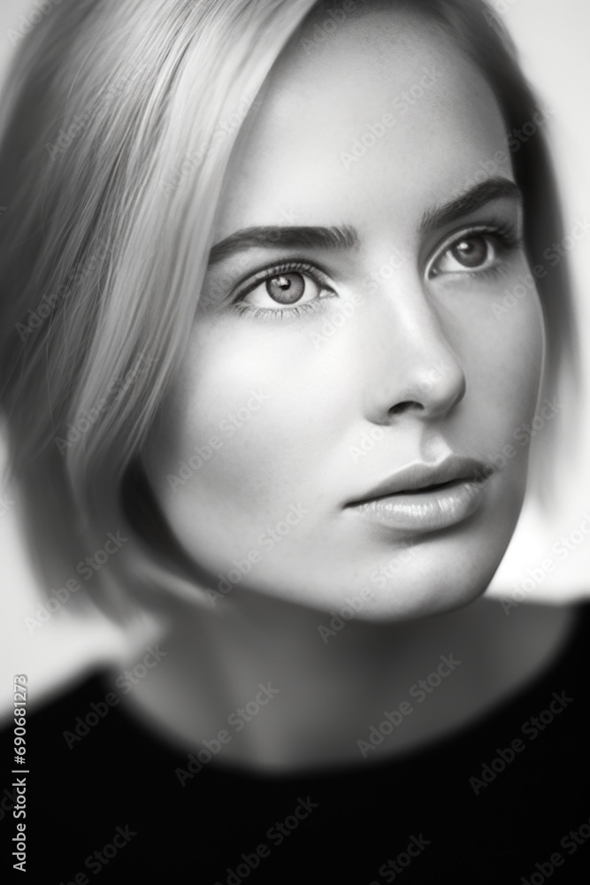 Fototapeta premium portrait noir et blanc d'une jeune femme blonde aux cheveux court et lisse, regard aux yeux clair