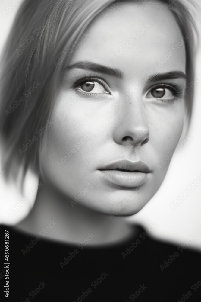 portrait noir et blanc d'une jeune femme blonde aux cheveux court et lisse, regard aux yeux clair portrait noir et blanc d'une jeune femme blonde aux cheveux court et lisse, regard aux yeux clair