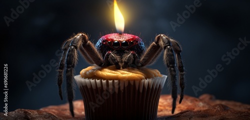 A happy tarantula holding a tiny birthday cupcake, joining the celebration.