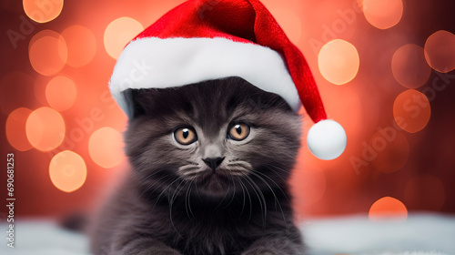 Christmas kitten. Black kitten in a Santa Claus hat on a festive background. The pet is ready for the holiday. Happy New Year