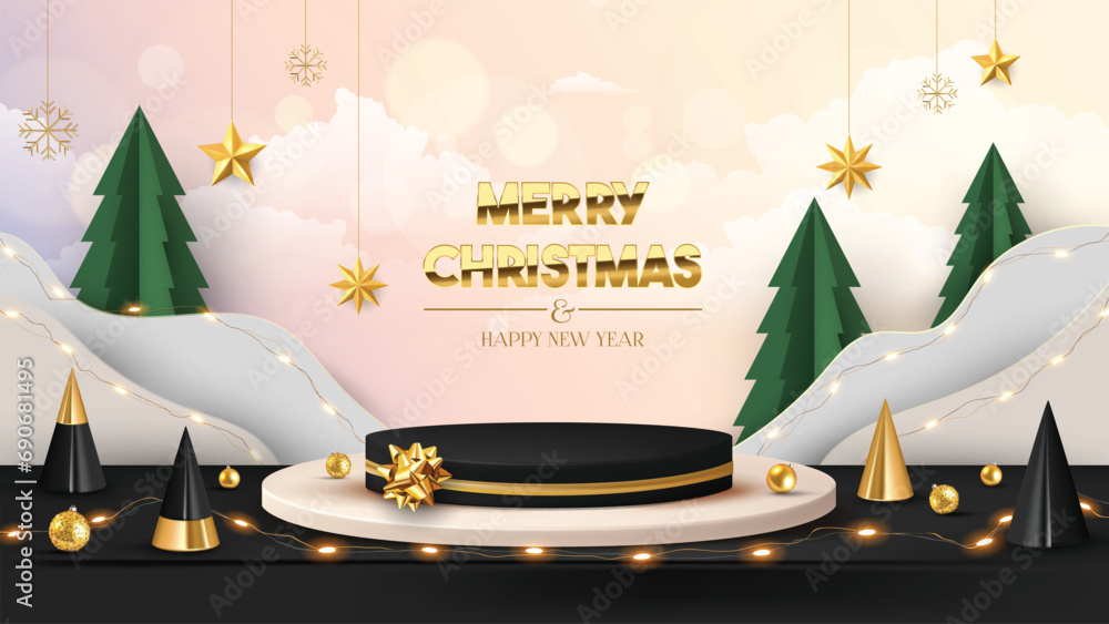 Christmas banner for product demonstration. Black pedestal or podium with golden ribbon and origami Christmas trees, led light string. - obrazy, fototapety, plakaty 