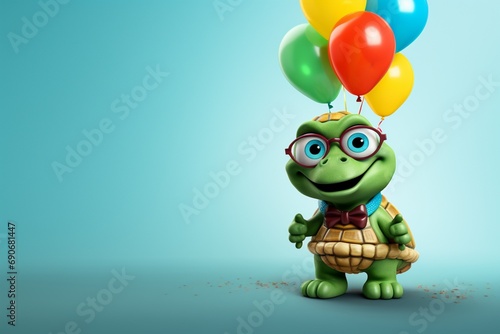 A happy turtle with a party balloon  commemorating a birthday festivity. Copy space on solid background.