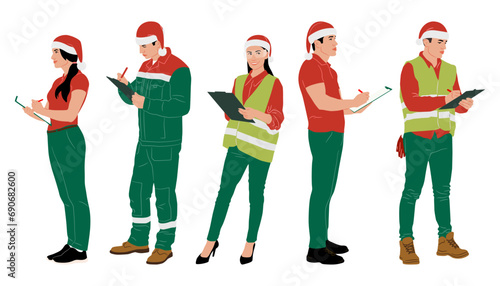 Set of male and female construction workers wearing Christmas hats and vests. Warehouse workers in different poses. Santa hats. Uniform in Christmas colors. Vector illustration isolated on white	

