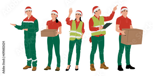 Set of male and female construction workers wearing Christmas hats and vests. Warehouse workers in different poses. Santa hats. Uniform in Christmas colors. Vector illustration isolated on white	
