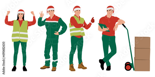 Set of male and female construction workers wearing Christmas hats and vests. Warehouse workers in different poses. Santa hats. Uniform in Christmas colors. Vector illustration isolated on white	

