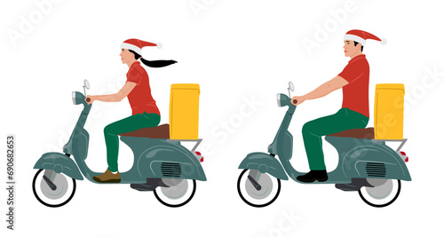 Set of male and female construction workers wearing Christmas hats and vests. Warehouse workers in different poses. Santa hats. Uniform in Christmas colors. Vector illustration isolated on white	
