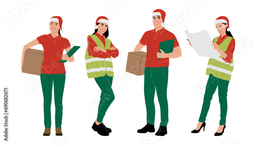 Set of male and female construction workers wearing Christmas hats and vests. Warehouse workers in different poses. Santa hats. Uniform in Christmas colors. Vector illustration isolated on white	
