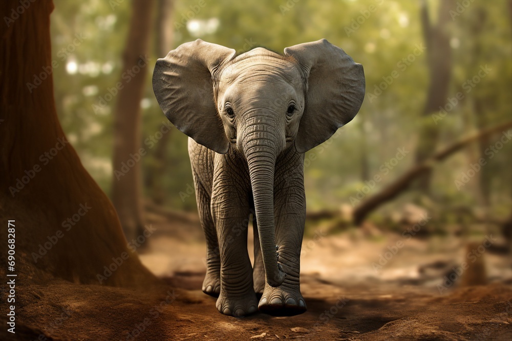 Fototapeta premium A baby elephant is walking in a Forest Background