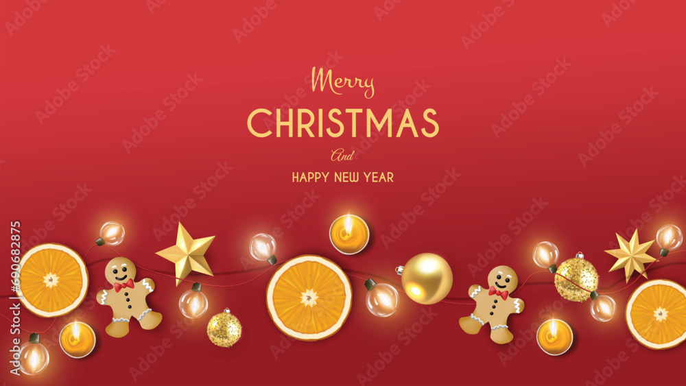 Naklejka premium Merry Christmas background with photo real Christmas objects. 