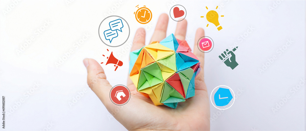 Obraz premium Creative background with origami paper and novelty ideas to develop future business investment goals. hand, business, application, online , development, child, toy, connection, banner, 3D rendering