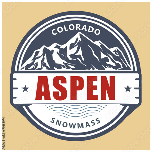 Aspen label, snowmass village in Colorado emblem, windter ski resort stamp, Aspen emblem with snow covered mountains, vector