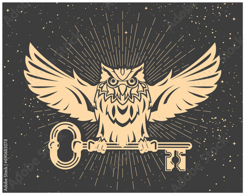 Mystic owl with key in claws, tarot wisdom and secret knowledge symbol, owl with spread wings, vector photo