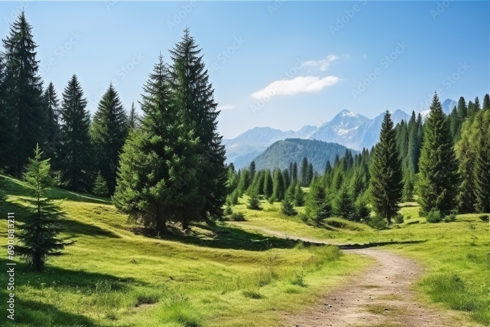 Fototapeta premium Spring Or Summer Landscape With Green Hills And Trees Near Big Mountains Illustration
