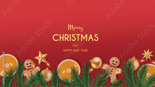 Merry Christmas background with photo real Christmas objects. 