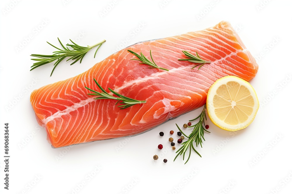 Salmon, overhead flat lay shot with dill, bay leaves, lemon and pepper on a white background Salmon, overhead flat lay shot with dill, bay leaves, lemon and pepper on a white background