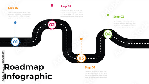Roadmap infographics layout. Winding road to success with pin pointers.