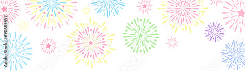 Colorful cute fireworks vector banner, festive clip art frame for greeting cards, holiday background