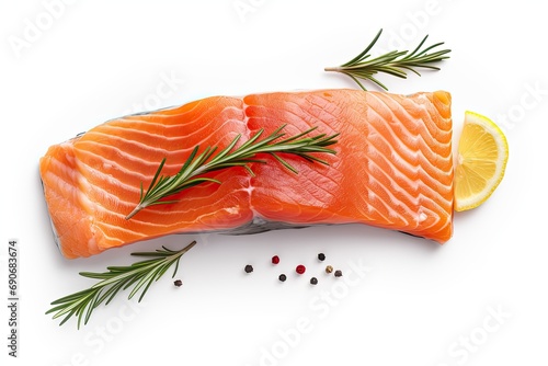 Salmon, overhead flat lay shot with dill, bay leaves, lemon and pepper on a white background
