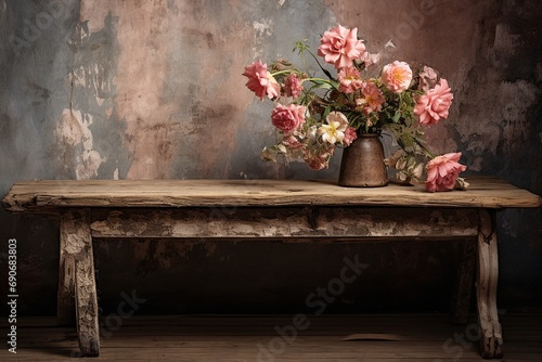 Isometric Wooden Table With Flowers In Vase