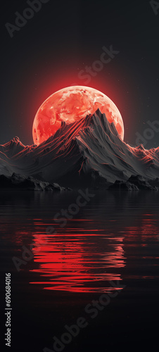 Red moon and a red glow in the dark mountain, in the style of reflex reflections, mysterious backdrops, calm waters, i can't believe how beautiful this is, luminescent color scheme, dark gray and red